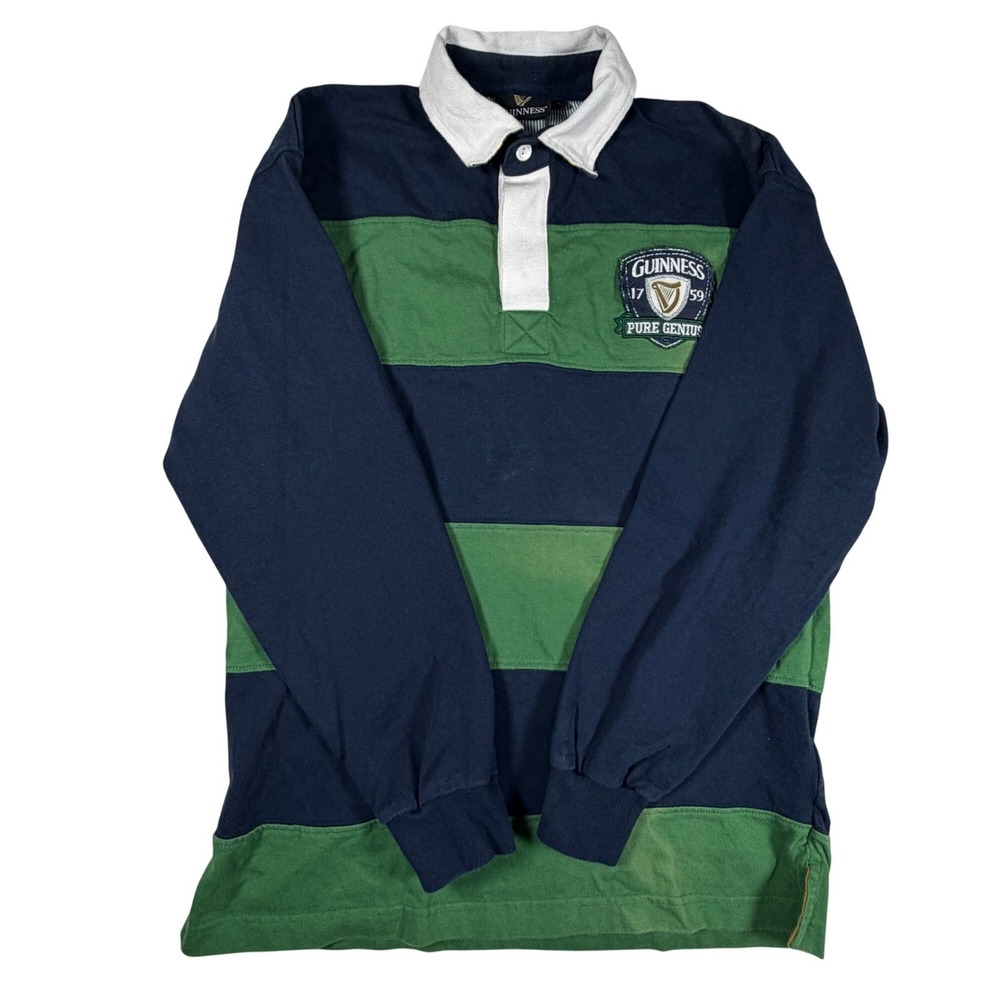 Guinness Mens Rugby Shirt Small Navy Green Striped Long Sleeve Pure Genius Patch